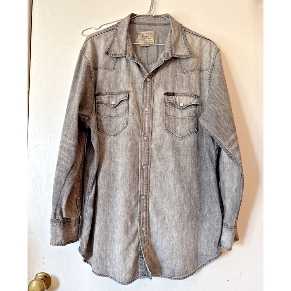 Polo Ralph Lauren Denim Pearl Snap Long Sleeve Shirt Gray Cowboy Western Large
